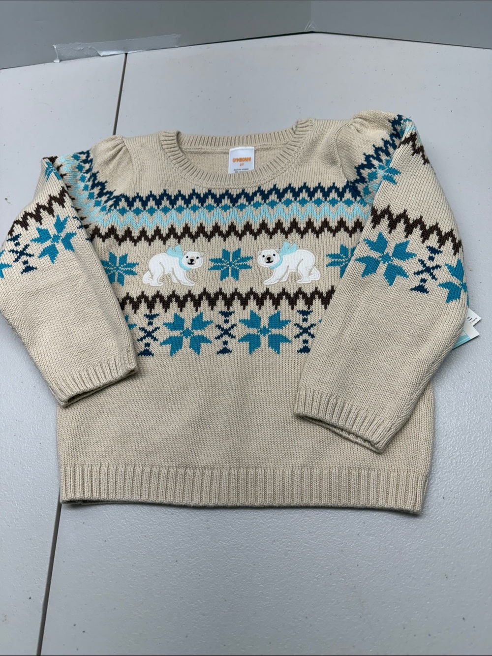 Gymboree Cream Fair Isle Polar Bear Knit Sweater with Teal Accents. NWT